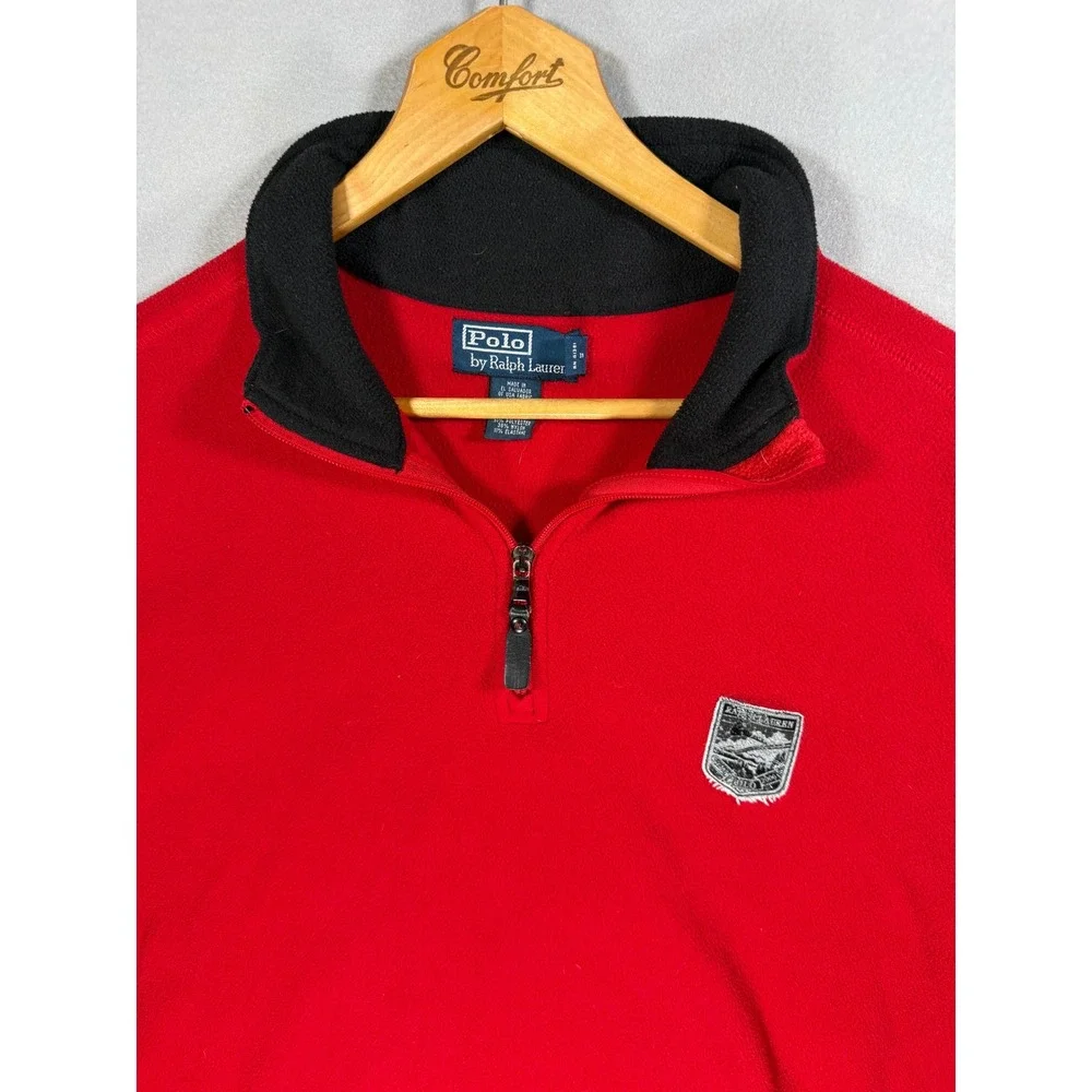 VTG Polo Ralph Lauren Mens XL Red Polartec Fleece 1/4 Zip 2006 Ski Patch Red
